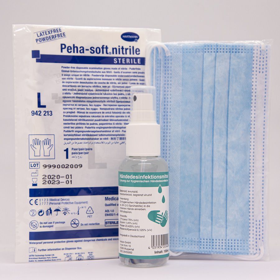 SET 1xHändedesinfektion-5Paar Peha soft Handschuhe nitril S- 5x Atemschutz 3 lagig FFP1